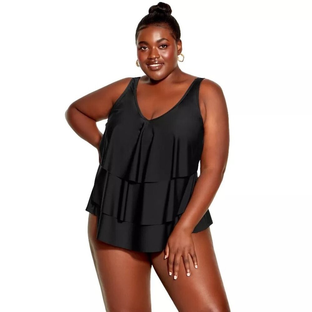 Avenue Black V-Tiered Tankini Swim Top w/ Built in Shelf Bra -- Women's Size 14W
